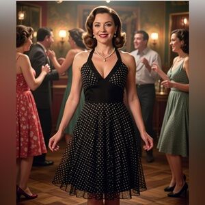 Retro Ruby Rox Black & White Polka Dot Halter Midi Open Back dress sz M